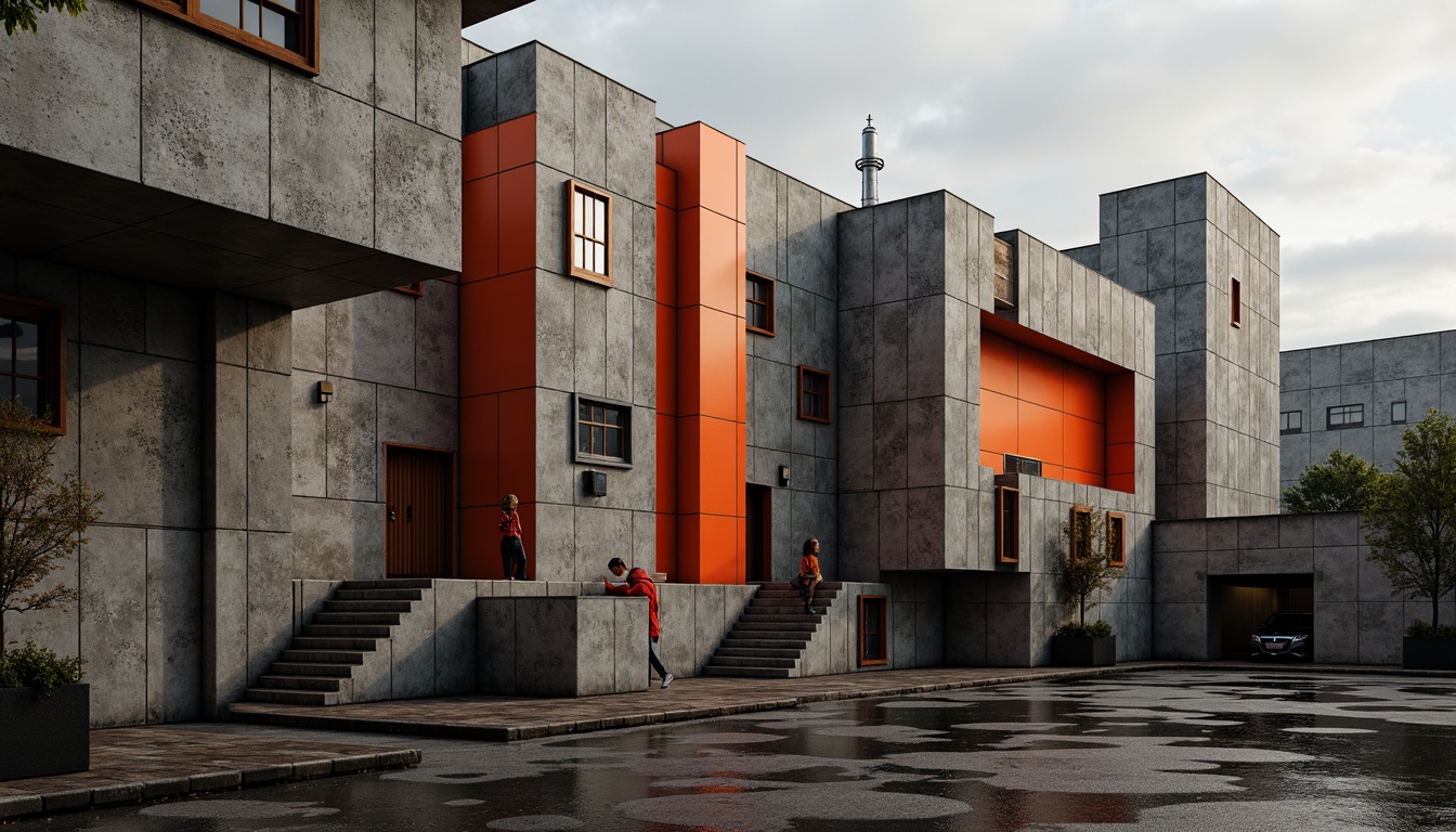 Prompt: Rugged brutalist architecture, bold orange-red accents, raw concrete textures, industrial materials, geometric shapes, abstract patterns, urban landscape, overcast sky, dramatic shadows, high-contrast lighting, cinematic composition, moody atmosphere, futuristic undertones, metallic surfaces, exposed ductwork, functional minimalism, structural expressionism.