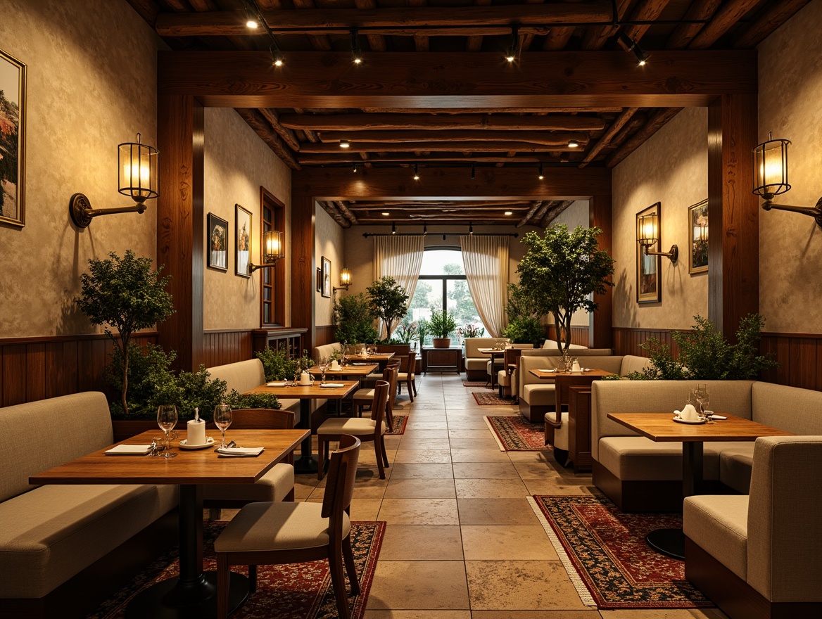 Prompt: Warm inviting restaurant atmosphere, earthy tone walls, rich wooden accents, comfortable seating areas, soft golden lighting, vintage decorative items, natural stone flooring, lush greenery, warm beige upholstery, elegant metallic fixtures, subtle patterned rugs, neutral color schemes, calming ambiance, soft focus, shallow depth of field, 1/1 composition, realistic textures, ambient occlusion.