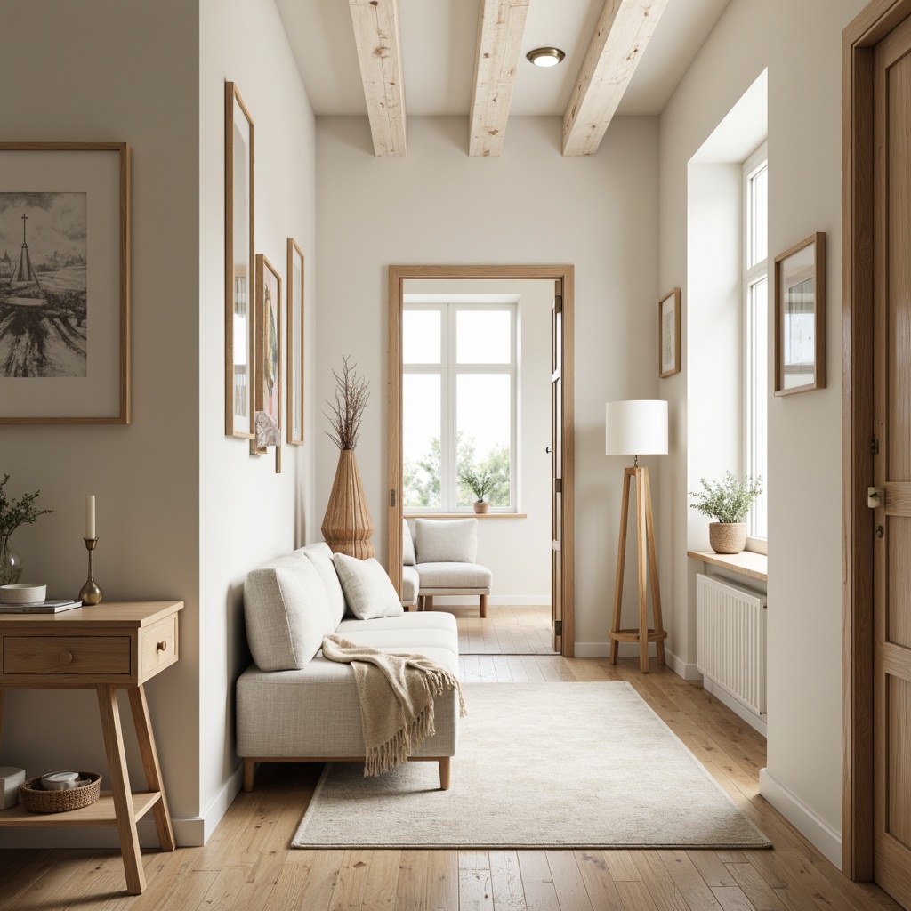 Prompt: Cozy Scandinavian hall, light-filled interior, soft creamy whites, warm beige tones, natural wood accents, minimal ornamentation, clean-lined furniture, subtle textures, Nordic-inspired patterns, calming atmosphere, gentle morning light, shallow depth of field, 1/1 composition, realistic rendering, ambient occlusion.