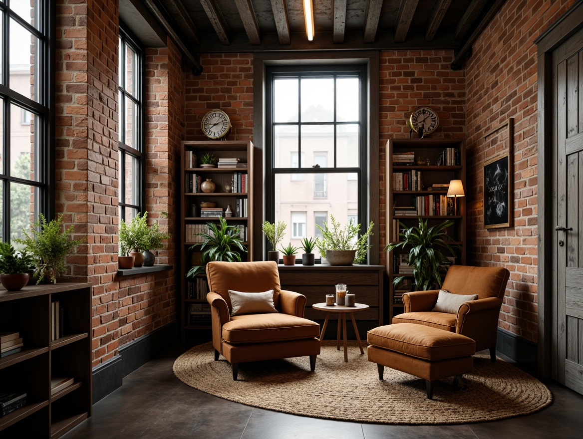 Prompt: Rustic industrial-chic interior, exposed brick walls, reclaimed wood accents, distressed metal beams, vintage factory windows, urban loft atmosphere, dimmed warm lighting, cozy reading nook, plush velvet armchair, woven jute rug, earthy color palette, natural textures, rich patina, nostalgic charm, classic camera angle, shallow depth of field, 2/3 composition, realistic shadows, ambient occlusion.