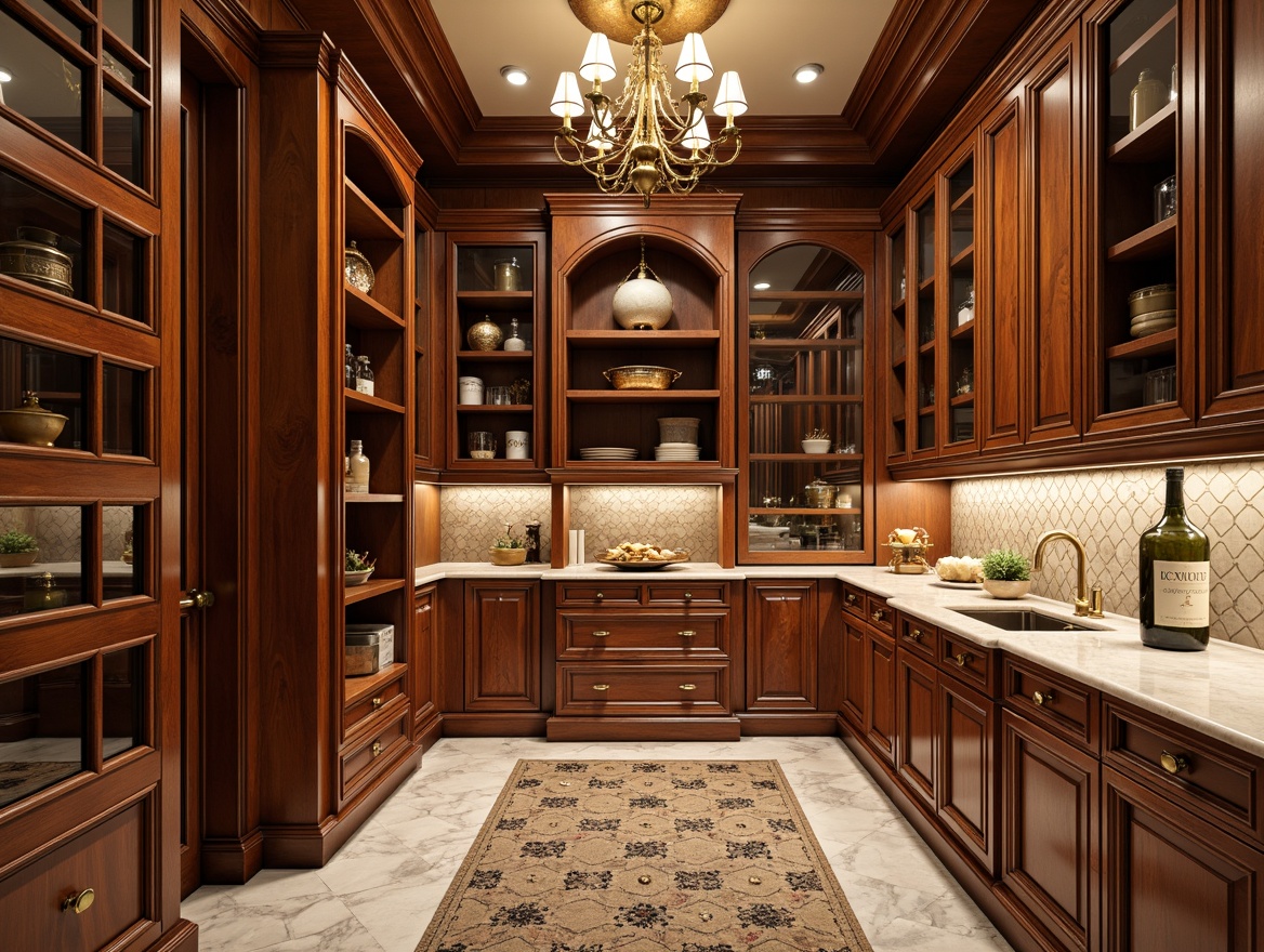 Prompt: Luxurious pantry, rich wood tones, ornate metalwork, geometric patterns, bold colors, opulent lighting, elegant cabinetry, intricate carvings, polished chrome hardware, lavish marble countertops, stylish glass door knobs, sophisticated shelving systems, hexagonal tile backsplashes, warm golden accents, lavish chandeliers, dramatic archways, refined moldings, exquisite inlays, luxurious textiles, soft warm glow, shallow depth of field, 3/4 composition, realistic textures, ambient occlusion.