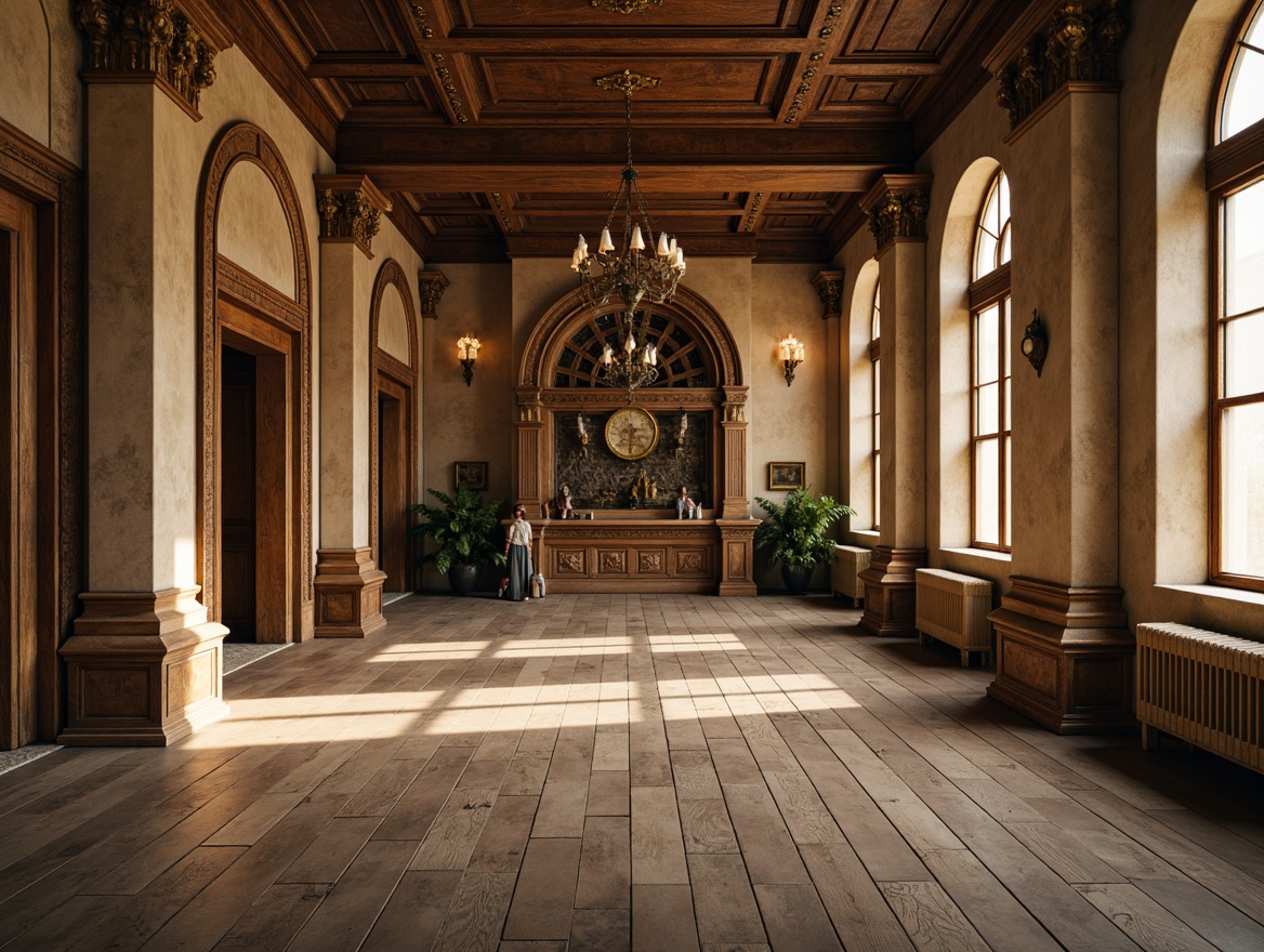 Prompt: Rustic wooden flooring, distressed finishes, warm beige tones, traditional ornate patterns, grand high ceilings, classical columns, elegant chandeliers, rich wood paneling, vintage decorative accents, ornate metalwork, subtle warm lighting, soft focus, shallow depth of field, 1/2 composition, intimate atmosphere, realistic textures, ambient occlusion.