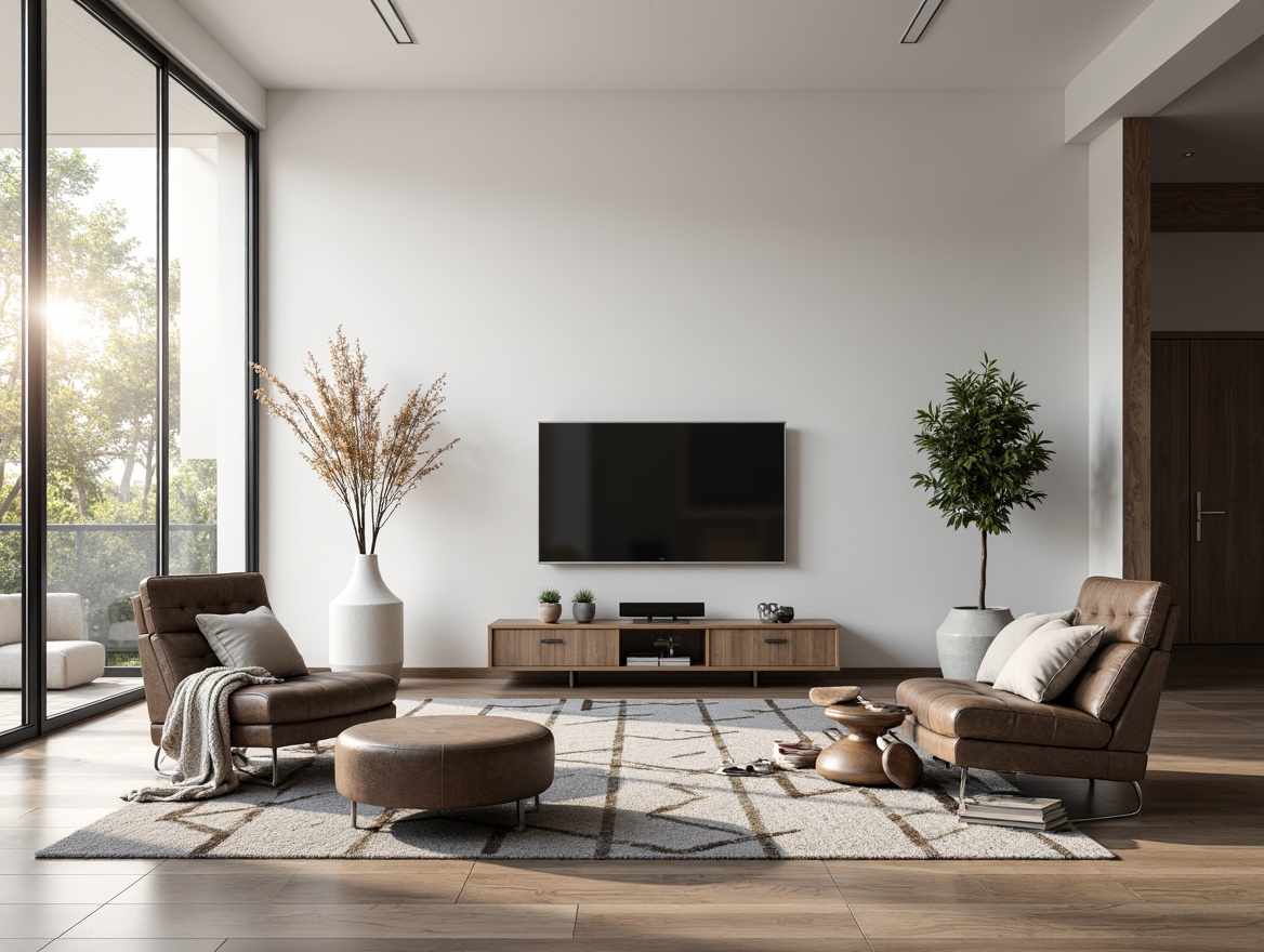 Prompt: Modern living room, minimalist decor, sleek low-profile furniture, functional storage units, industrial metal legs, reclaimed wood accents, monochromatic color scheme, cozy throw blankets, geometric patterned rugs, floor-to-ceiling windows, natural light, soft warm glow, 1/1 composition, shallow depth of field, realistic textures, ambient occlusion.