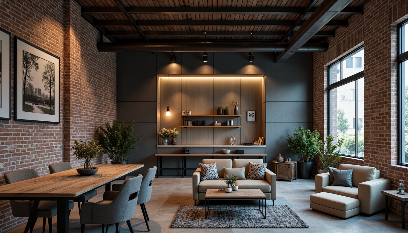 Prompt: Industrial chic loft, exposed brick walls, metal beams, reclaimed wood floors, urban atmosphere, modern minimalist decor, monochromatic color scheme, rich charcoal grey, warm beige accents, deep blue undertones, contrasting textures, rough stone, smooth glass, warm golden lighting, soft focus, 2/3 composition, atmospheric perspective, subtle gradient effects.