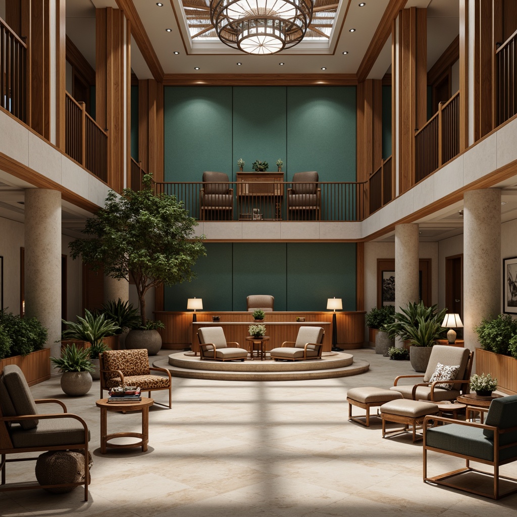 Prompt: Serene courthouse interior, teal accent walls, rich wood paneling, polished marble floors, grand staircases, ornate chandeliers, comfortable seating areas, natural stone columns, subtle patterns, calming atmosphere, soft warm lighting, shallow depth of field, 3/4 composition, realistic textures, ambient occlusion.