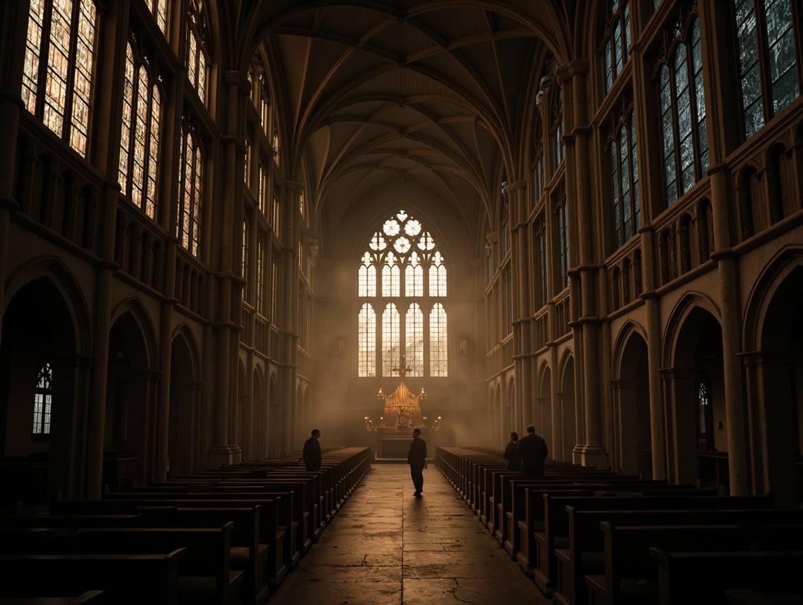 Prompt: Mysterious Gothic cathedral, vaulted ceilings, stained glass windows, ornate stone carvings, intricate tracery, dramatic shadows, warm golden lighting, soft misty atmosphere, eerie moonlit night, subtle ambient occlusion, high contrast ratio, cinematic composition, 2.35 aspect ratio, low-key lighting, mysterious silhouettes, foggy mist, mystical ambiance, subtle color grading, rich textures, detailed stonework, mysterious alcoves, grandiose architecture, atmospheric fog, subtle lens flares.