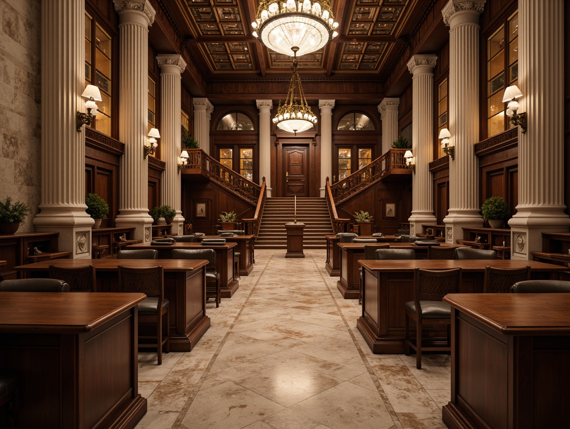 Prompt: Richly polished wooden benches, elegant marble floors, stately stone columns, ornate bronze fixtures, majestic grand staircase, sophisticated chandeliers, dignified judges' chambers, formal courtroom seating, refined lawyers' desks, luxurious leather upholstery, intricate carved wood paneling, warm ambient lighting, subtle color palette, balanced composition, realistic textures, atmospheric rendering, precise architectural details.