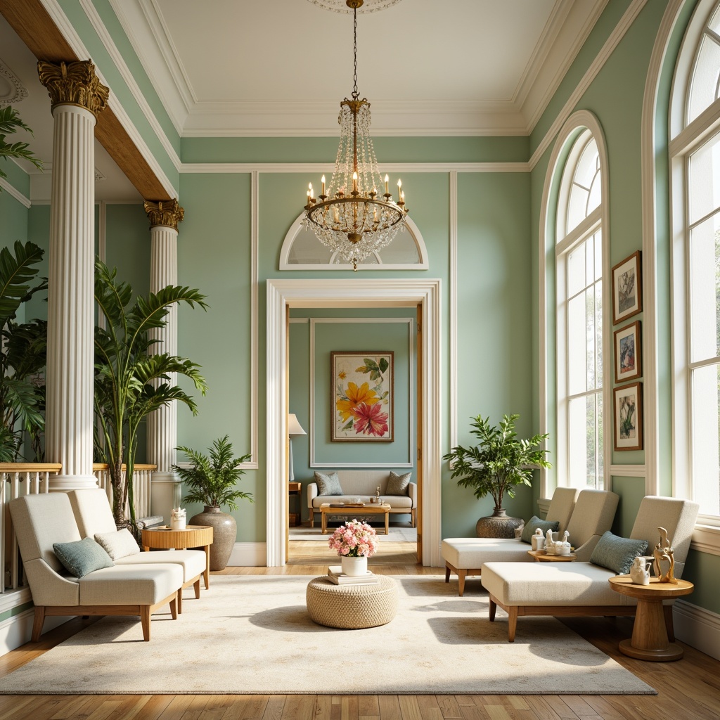 Prompt: Soft mint walls, creamy white trim, warm beige floors, natural wood accents, elegant chandeliers, lush greenery, pastel-colored furniture, subtle gold metallic details, ambient soft lighting, shallow depth of field, 1/1 composition, realistic textures, vibrant colorful artwork, blooming flowers, serene atmosphere, gentle morning light, airy open space.