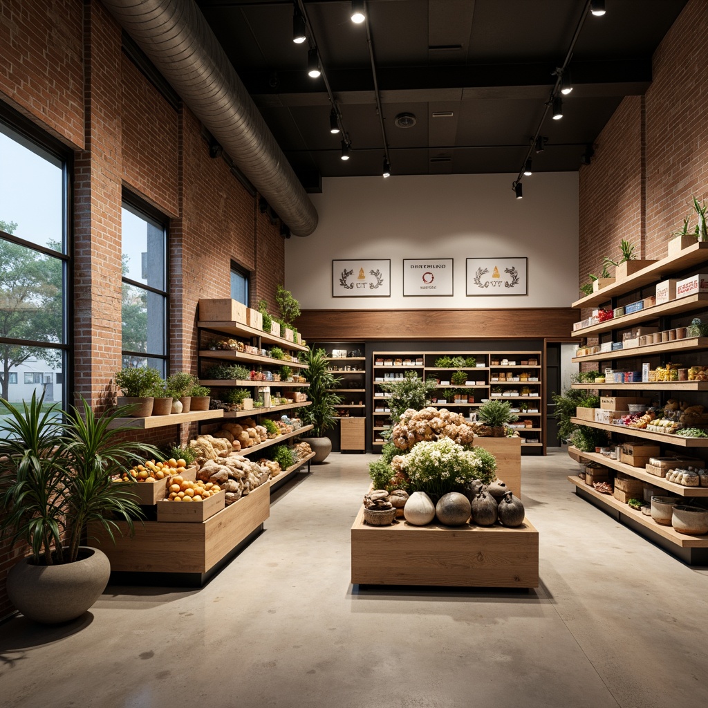 Prompt: Simple grocery store interior, minimalist shelving units, neutral color palette, industrial-style metal racks, reclaimed wood accents, exposed brick walls, polished concrete floors, modern track lighting, subtle branding elements, elegant typography, ample negative space, clean lines, minimal decorative elements, functional display fixtures, fresh produce stands, rustic wooden crates, earthy tone ceramics, soft warm lighting, shallow depth of field, 2/3 composition, realistic textures.