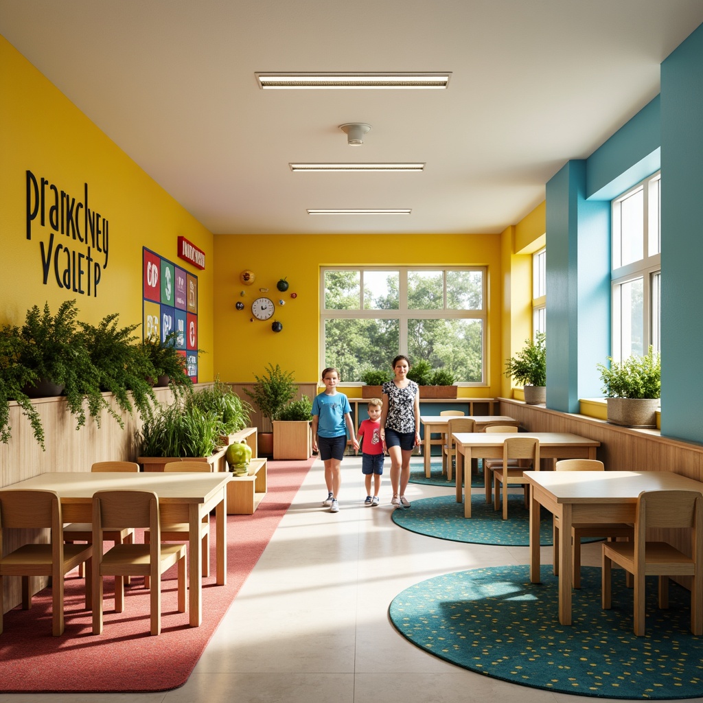 Prompt: Vibrant elementary school interior, playful color palette, bright yellow walls, soft blue accents, warm beige furniture, greenery-filled planters, fun polka-dot patterns, educational graphics, colorful rugs, wooden desks, ergonomic chairs, natural light, large windows, cheerful atmosphere, shallow depth of field, 3/4 composition, realistic textures, ambient occlusion.