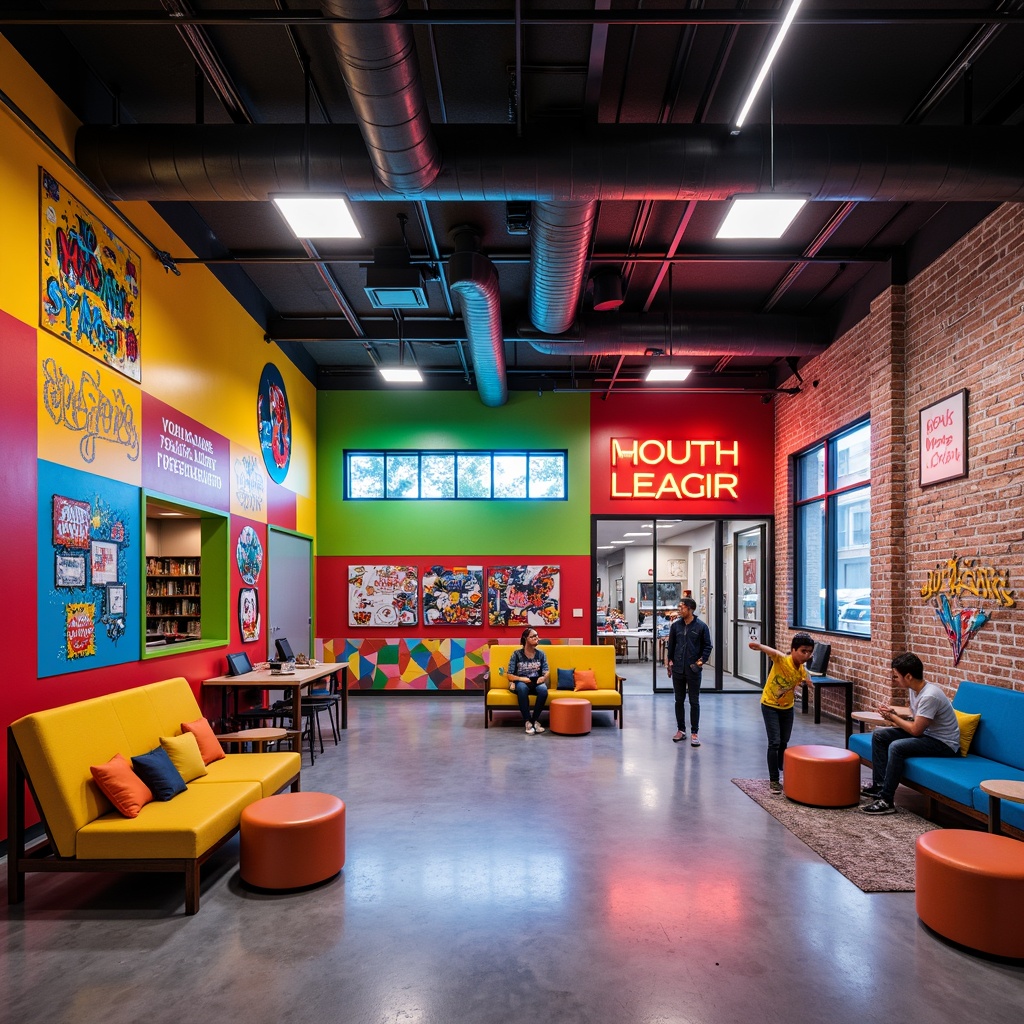 Prompt: Vibrant youth center, energetic atmosphere, bright color scheme, playful furniture, abstract wall art, neon lights, urban graffiti, exposed brick walls, polished concrete floors, modern architecture, natural light, airy open spaces, collaborative learning areas, comfortable lounge zones, stimulating decor, bold typography, eclectic patterns, youthful energy, dynamic lighting, 3/4 composition, shallow depth of field, realistic textures.