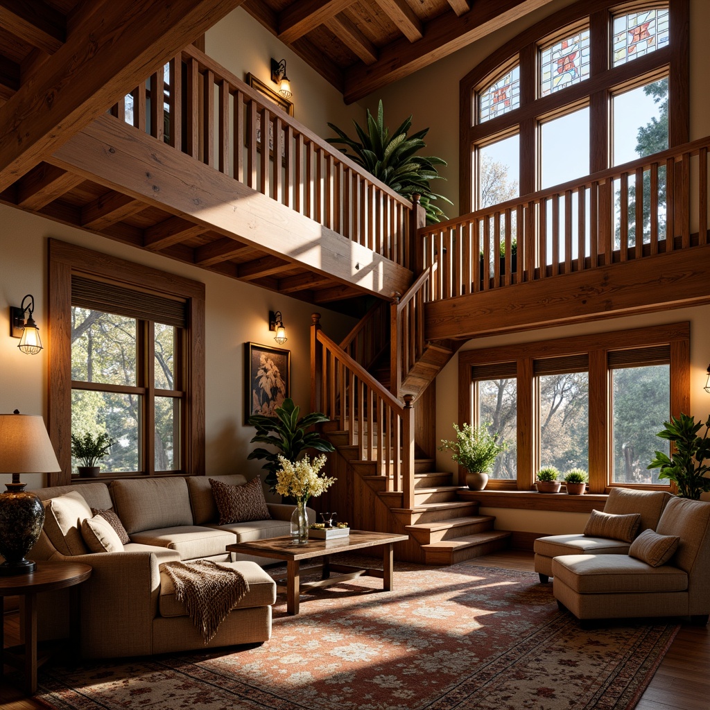 Prompt: Warm and inviting Craftsman-style staircase, rich wood tones, ornate railings, natural stone walls, earthy color palette, soft warm lighting, table lamps, floor lamps, pendant lights, LED strip lighting, indirect lighting, cozy nooks, comfortable seating areas, plush throw blankets, rustic metal accents, wooden ceiling beams, decorative trims, stained glass windows, morning sunlight, dramatic evening shadows, 1/1 composition, realistic textures, ambient occlusion.