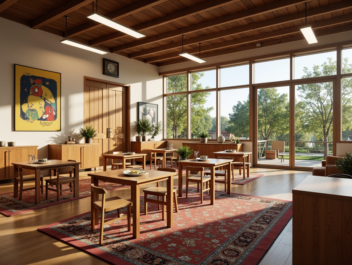 Prompt: Retro educational institution, wooden classroom chairs, vintage desks, ergonomic tables, colorful rug, abstract artwork, geometric patterns, minimal ornamentation, organic shapes, natural materials, earthy tones, warm lighting, shallow depth of field, 3/4 composition, panoramic view, realistic textures, ambient occlusion, mid-century modern architecture, open floor plan, large windows, sliding glass doors, greenery views, sunny day.