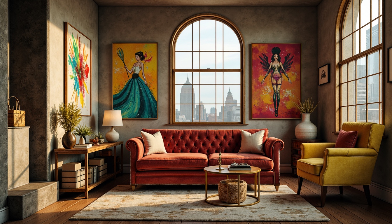 Prompt: Vibrant artistic studio, eclectic furniture pieces, abstract artwork, rich velvet fabrics, bold brushstroke patterns, creamy pastel hues, warm golden lighting, industrial metal accents, distressed wood textures, urban cityscape views, atmospheric misty effects, cinematic 3/4 composition, soft focus blur, natural earthy tones.