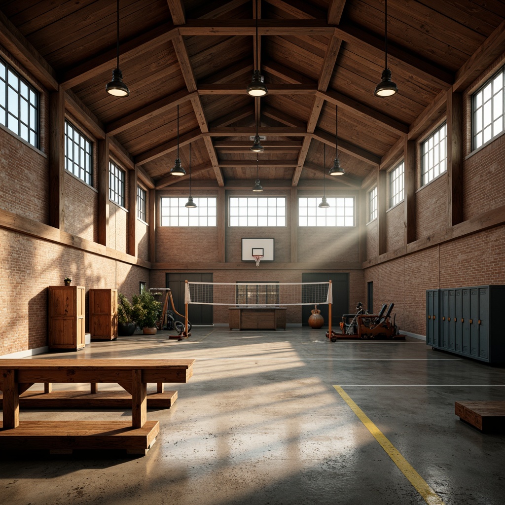 Prompt: Rustic gymnasium interior, wooden beam ceiling, exposed brick walls, large windows, natural daylight, warm ambient lighting, metal lanterns, industrial-style pendant lights, concrete floors, sports equipment, basketball hoops, volleyball nets, exercise machines, wooden benches, vintage athletic lockers, nostalgic color palette, earthy tones, soft shadows, high contrast ratio, dramatic spotlighting, 1/1 composition, realistic textures, subtle atmospheric fog.