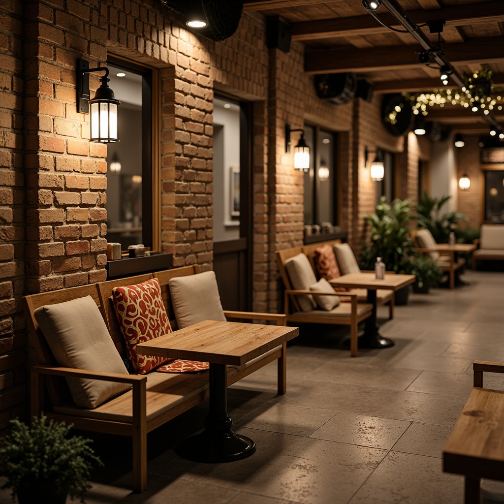 Prompt: Cozy waiting lounges, distressed wooden benches, vintage metal lanterns, exposed brick walls, industrial-chic decor, warm earthy tones, natural stone flooring, reclaimed wood accents, comfortable plush cushions, ornate ironwork details, urban modern lighting, soft warm glow, shallow depth of field, 1/2 composition, intimate atmosphere, realistic textures, ambient occlusion.