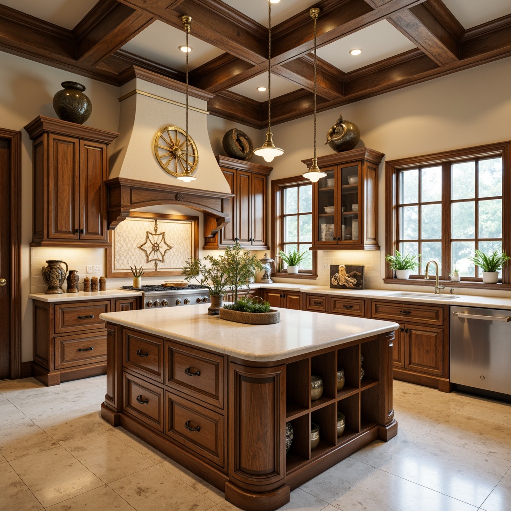 Prompt: Elegant kitchen island, ornate cabinetry, rich wood tones, cream-colored countertops, antique brass hardware, decorative molding, high-gloss finish, warm pendant lighting, soft beige walls, polished marble floors, sophisticated faucet design, classic cooktop range, built-in wine rack, open shelving, rustic wooden beams, refined academic style, balanced composition, shallow depth of field, 1/1 aspect ratio.