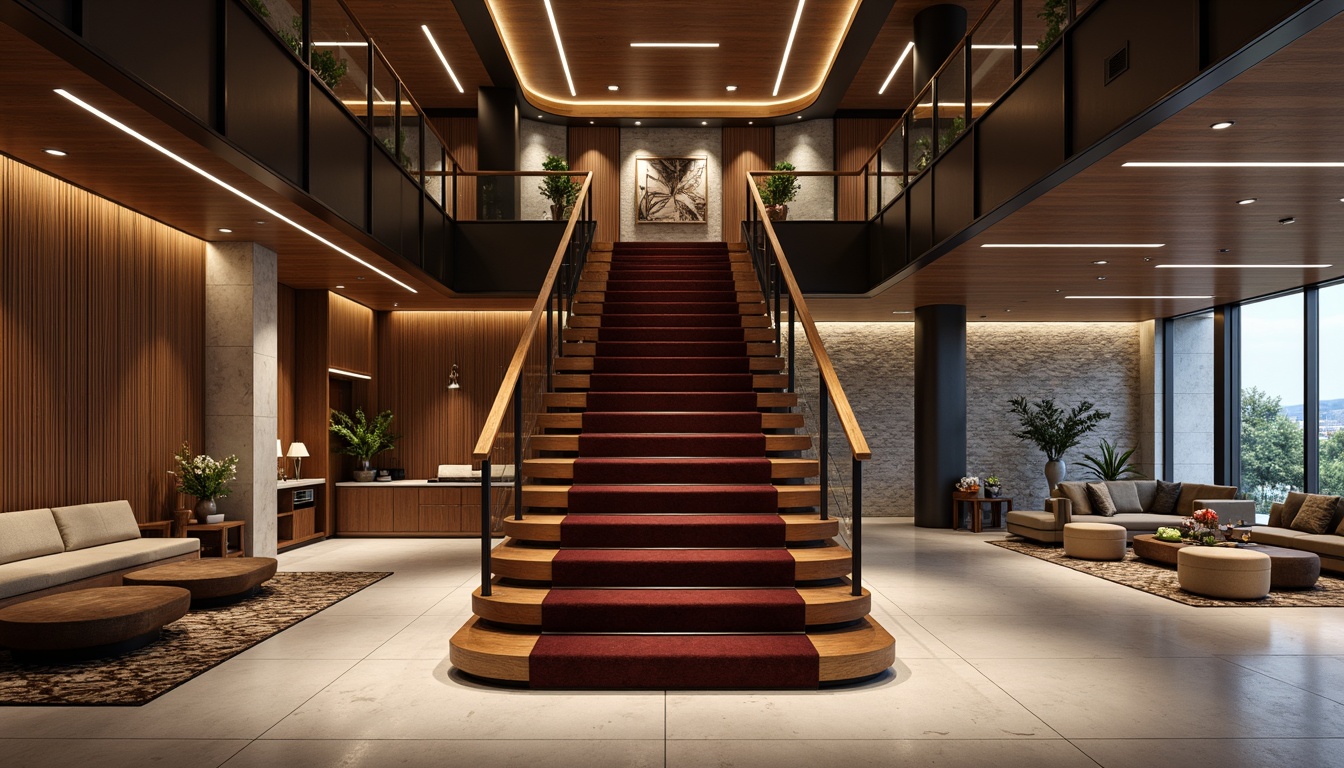 Prompt: Luxurious staircase, rich wood tones, velvety carpeted steps, sleek metal railings, glass balustrades, polished marble floors, natural stone walls, industrial-style exposed brick, modern minimalist aesthetic, dramatic LED lighting, warm cozy atmosphere, inviting seating areas, ornate decorative fixtures, elegant curves, geometric patterns, juxtaposed textures, rough-hewn wooden accents, smooth glossy finishes, harmonious color palette, shallow depth of field, 1/1 composition, realistic renderings.