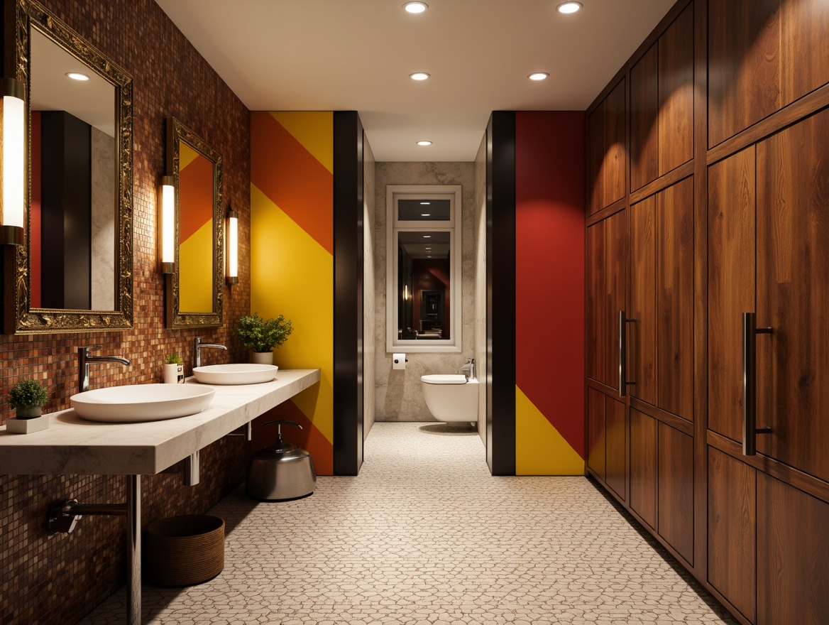 Prompt: Retro-chic powder room, rich walnut cabinetry, sleek chrome hardware, geometric patterned flooring, bold color blocked walls, ornate mirrors, minimalist sink basins, wall-mounted faucets, hexagonal tiles, natural stone countertops, ambient LED lighting, soft warm glow, shallow depth of field, 3/4 composition, panoramic view, realistic textures, ambient occlusion.