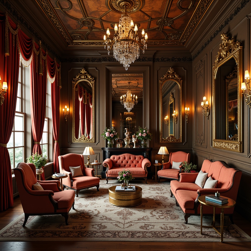 Prompt: Ornate furniture, curved silhouettes, gilded accents, velvet upholstery, intricate carvings, ornamental mirrors, luxurious fabrics, golden leaf patterns, crystal chandeliers, lavish drapery, opulent textiles, baroque-inspired designs, rich wood tones, sculptural details, dramatic lighting, 1/1 composition, shallow depth of field, soft focus, warm color palette.