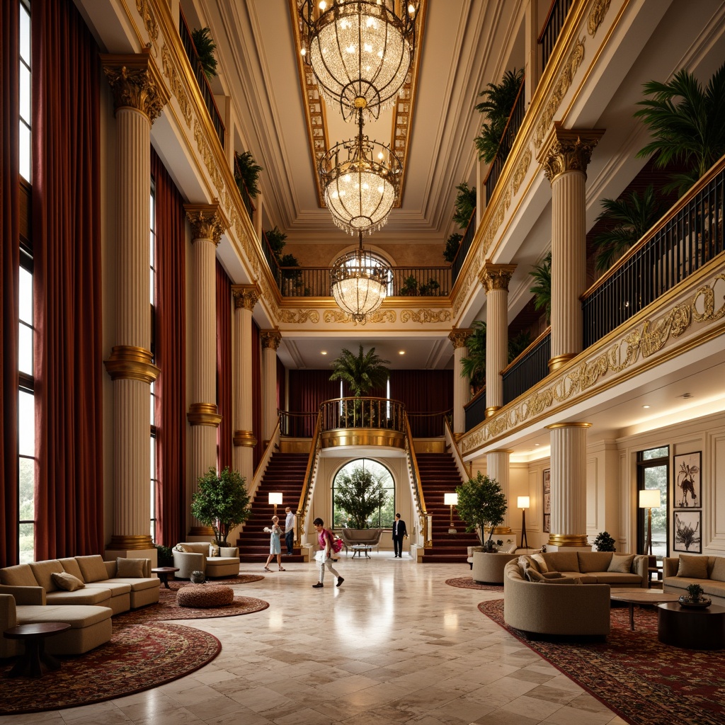 Prompt: Luxurious hotel lobby, ornate furnishings, gilded accents, crystal chandeliers, intricate moldings, curved staircases, velvet drapes, marble floors, Rococo-inspired patterns, golden leaf details, lavish textiles, plush carpets, grandiose columns, sweeping arches, dramatic ceiling heights, warm soft lighting, shallow depth of field, 1/1 composition, detailed renderings, realistic reflections, ambient occlusion.