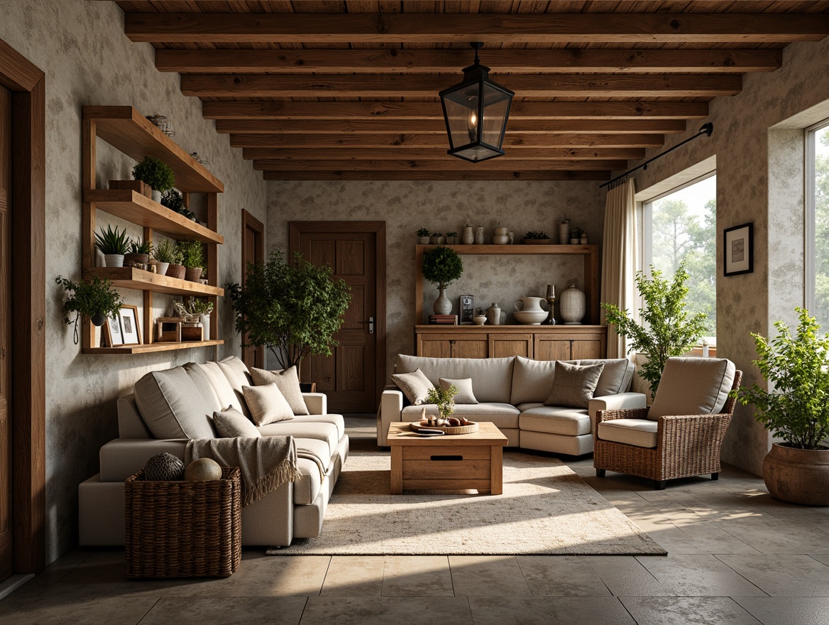 Prompt: Rustic farmhouse, vintage decor, distressed wood accents, antique furniture pieces, plush throw pillows, natural linen fabrics, earthy color palette, woven baskets, potted greenery, exposed brick walls, wooden beam ceilings, metal lantern lighting, soft warm glow, shallow depth of field, 1/2 composition, cozy atmosphere, realistic textures, ambient occlusion.