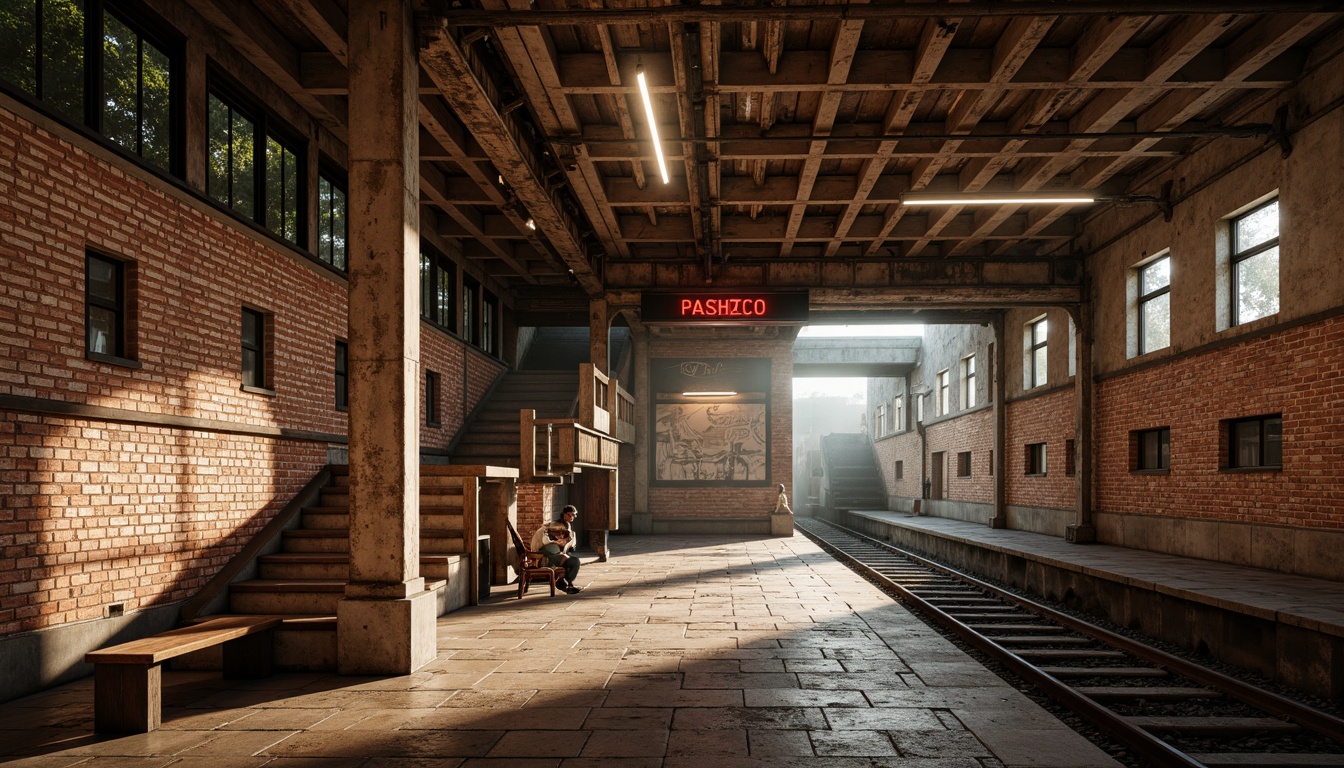 Prompt: Rustic metro station, exposed brick walls, distressed concrete textures, industrial metal beams, reclaimed wood accents, vintage-inspired signage, earthy tone color palette, warm ambient lighting, rough-hewn stone floors, urban grittiness, dynamic shadows, 1/2 composition, dramatic spotlighting, realistic reflections, subtle noise texture.