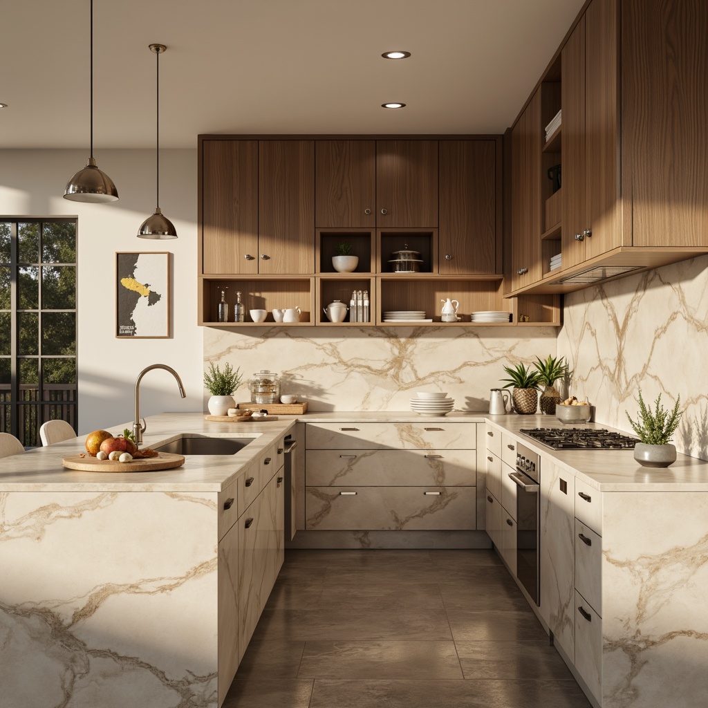 Prompt: Elegant countertops, polished marble surfaces, subtle veining patterns, warm beige tones, academic kitchens, modern cabinetry, stainless steel appliances, pendant lighting fixtures, minimalist backsplashes, natural stone flooring, wooden accents, earthy color palette, soft morning light, shallow depth of field, 3/4 composition, realistic textures, ambient occlusion.