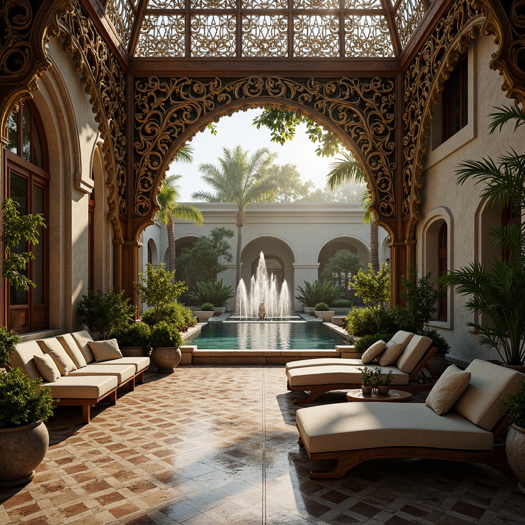 Prompt: Intricate ironwork, flowing organic curves, ornate details, luxurious velvet loungers, curved wooden benches, mosaic tile floors, shimmering water reflections, natural stone coping, ornamental fountains, lush greenery, tropical plants, warm golden lighting, soft misty atmosphere, 1/2 composition, symmetrical view, realistic textures, ambient occlusion.