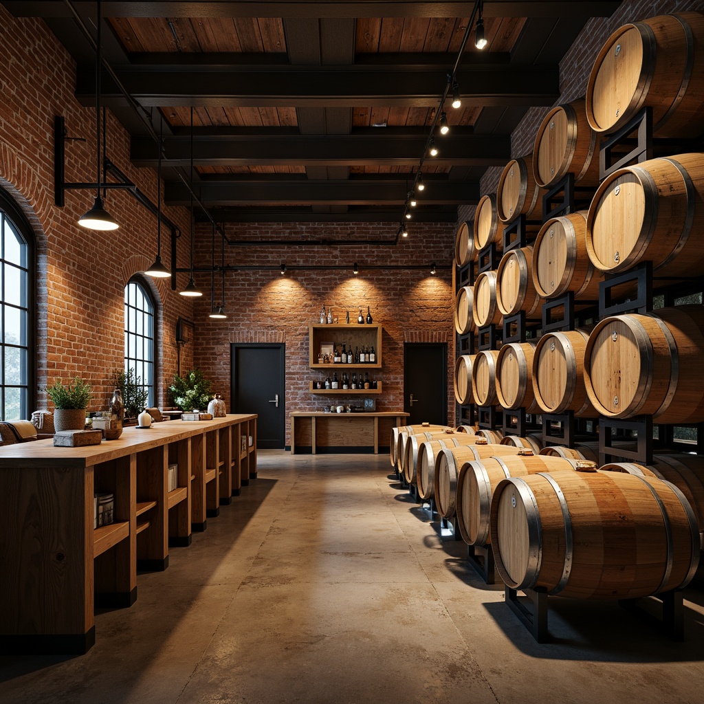 Prompt: Rustic wooden barrels, metal wine racks, exposed brick walls, concrete floors, industrial lighting fixtures, steel beams, reclaimed wood accents, vintage winemaking equipment, earthy tones, natural stone countertops, wooden crates, dim warm lighting, 1/2 composition, shallow depth of field, realistic textures, ambient occlusion.