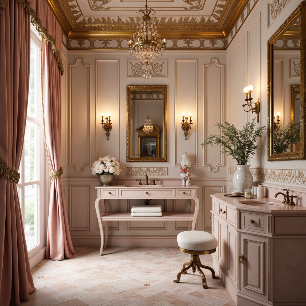 Prompt: Delicate powder room, soft pastel hues, ornate gold accents, intricately carved wooden panels, lavish velvet drapes, luxurious silk fabrics, sparkling crystal chandeliers, ornamental mirrors, delicate porcelain vases, intricate Rococo patterns, pale pink marble countertops, antique bronze fixtures, subtle texture gradations, warm candlelight, shallow depth of field, 1/1 composition, realistic reflections, ambient occlusion.