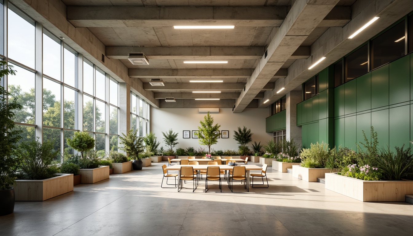 Prompt: Minimalist high school interior, soft warm lighting, LED strips, recessed lights, natural daylight, clerestory windows, polished concrete floors, industrial chic aesthetic, exposed ductwork, minimalist furniture, sleek metal chairs, wooden tables, green walls, living plants, geometric patterns, subtle color palette, 1/1 composition, shallow depth of field, soft focus, realistic textures.