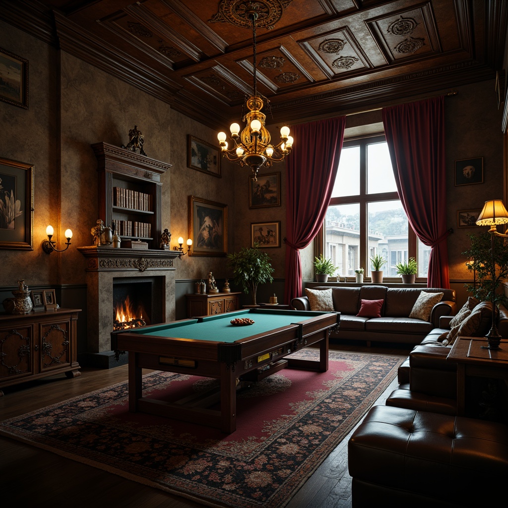 Prompt: Dark academia-inspired game room, mysterious ambiance, ornate wooden furniture, luxurious velvet drapes, intricately carved stone walls, grand chandeliers, mystical candelabras, vintage leather-bound books, ancient artifacts, mysterious relics, dimly lit atmosphere, warm golden lighting, dramatic shadows, high contrast ratio, cinematic composition, realistic textures, ambient occlusion.