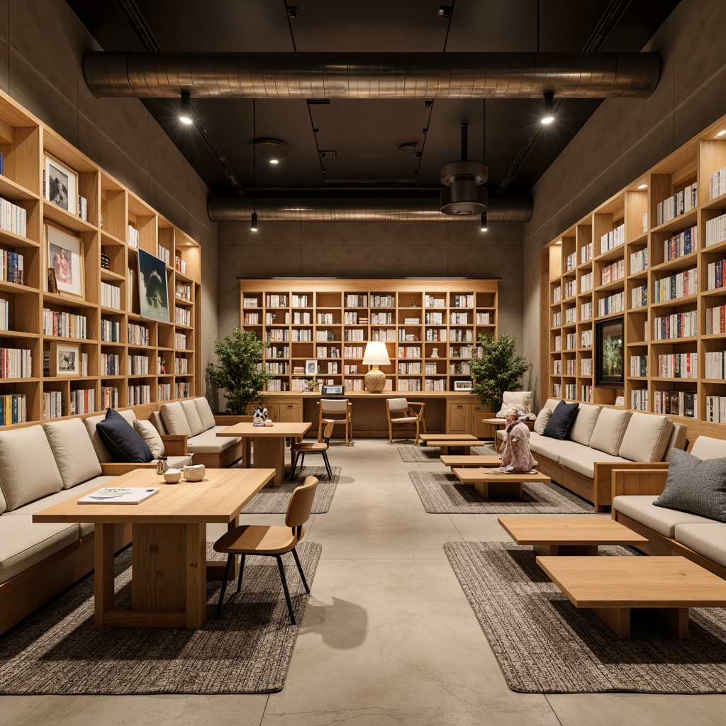 Prompt: Modern bookstore interior, minimalist decor, sleek wooden shelves, geometric-shaped tables, ergonomic chairs, industrial metal lighting, floor-to-ceiling bookcases, comfortable reading nooks, warm beige walls, polished concrete floors, stylish rugs, subtle ambient lighting, 1/1 composition, soft focus effect, realistic wood textures, cozy atmosphere.