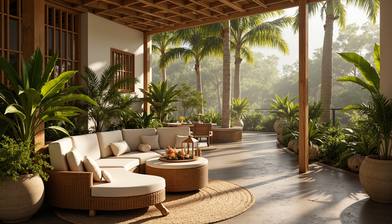 Prompt: Tropical ambiance, warm sunny days, natural light filtering through palm fronds, soft diffused lighting, warm beige tones, creamy whites, rich wood accents, woven rattan furniture, lush greenery, vibrant floral arrangements, delicate lanterns, subtle LED strips, ambient glow, shallow depth of field, 1/2 composition, relaxed atmosphere, soft shadows, warm color temperatures, inviting textures.