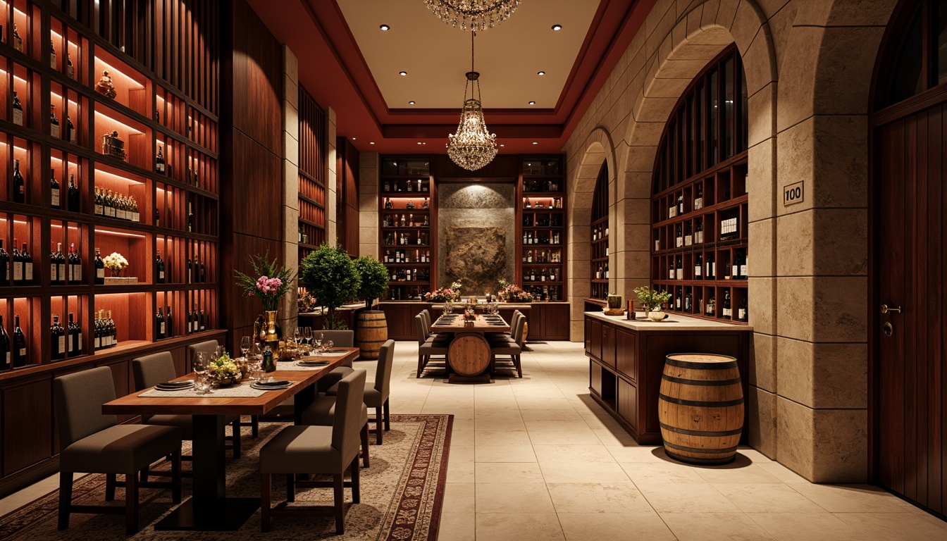 Prompt: Luxurious wine cellar, rich wood tones, dark walnut shelving, subtle golden accents, velvety red walls, warm beige flooring, elegant chandeliers, soft ambient lighting, dramatic archways, classic stone columns, sophisticated earthy colors, intimate atmosphere, vintage wine barrels, rustic wooden crates, ornate metalwork, lavish furnishings, opulent textiles, refined modern architecture, cinematic composition, shallow depth of field.