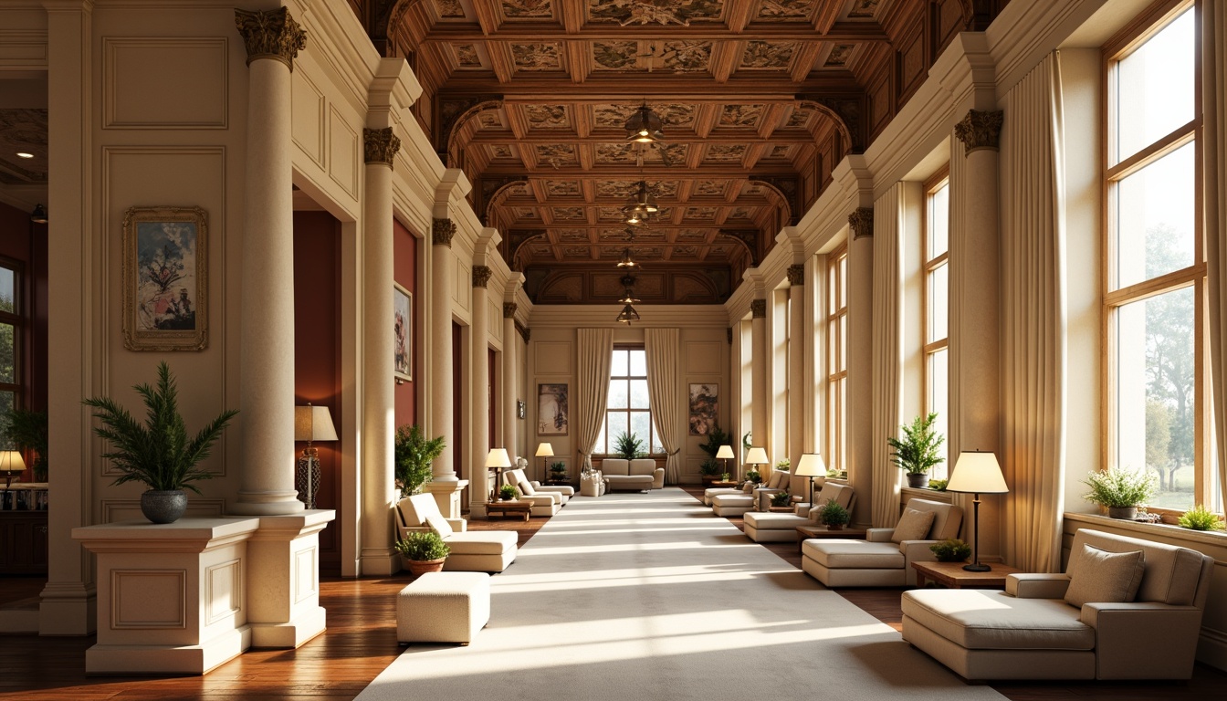 Prompt: Elegant student halls, ornate plaster ceilings, rich wood paneling, classic columns, intricate moldings, warm beige walls, soft cream-colored furniture, luxurious velvet drapes, acoustic panels, sound-absorbing materials, cozy reading nooks, comfortable lounge seating, warm floor lamps, subtle natural light, calming atmosphere, shallow depth of field, 1/2 composition, realistic textures, ambient occlusion.