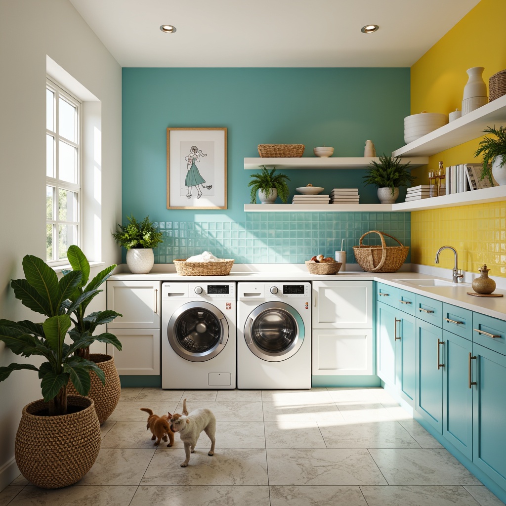 Prompt: Vibrant laundry room, bright whites, soft creams, calming blues, energetic yellows, playful greens, sleek modern appliances, stainless steel accents, glass tile backsplashes, natural stone floors, minimalist shelving, functional cabinetry, ample task lighting, warm ambient illumination, 1/1 composition, shallow depth of field, realistic textures, subtle gradient effects.