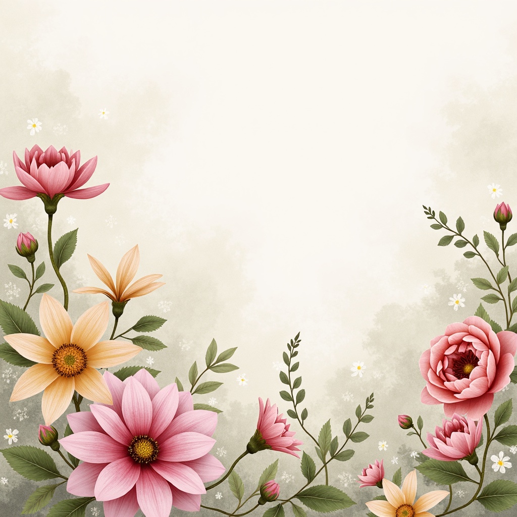 Prompt: Vibrant floral blooms, soft pastel hues, gentle ombre effects, soothing watercolor textures, delicate hand-painted patterns, creamy whites, rich charcoal grays, warm beige tones, lush greenery accents, natural earthy undertones, calming atmospheric lighting, shallow depth of field, 3/4 composition, panoramic view, realistic brushstrokes, ambient occlusion.