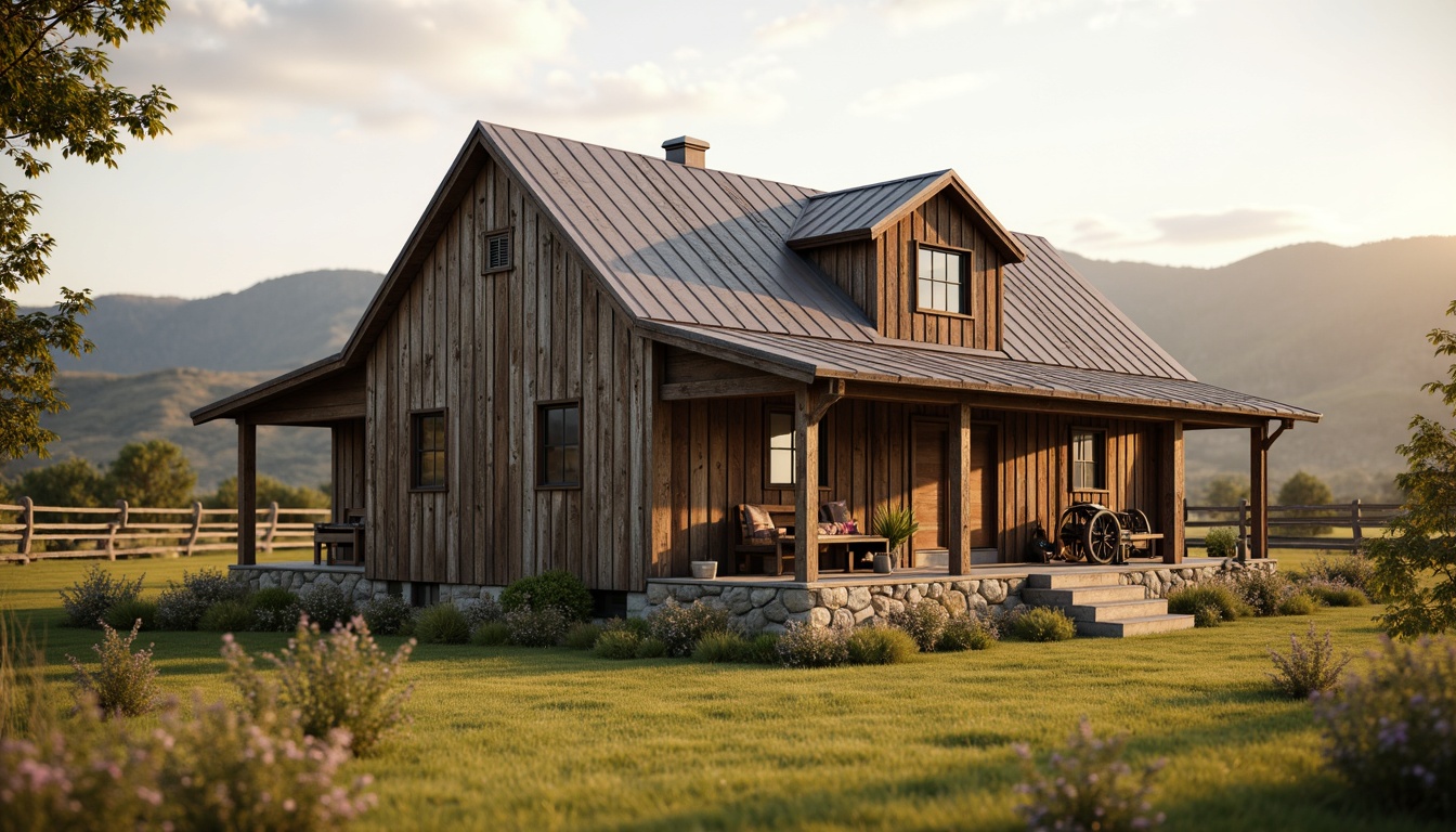 Prompt: Rustic farmhouse, weathered wood cladding, galvanized metal accents, earthy color palette, natural stone foundation, country-inspired landscape, rolling hills, wildflower meadow, wooden fence lines, vintage farm equipment, distressed wood textures, warm golden lighting, shallow depth of field, 1/1 composition, symmetrical balance, realistic materials, ambient occlusion.