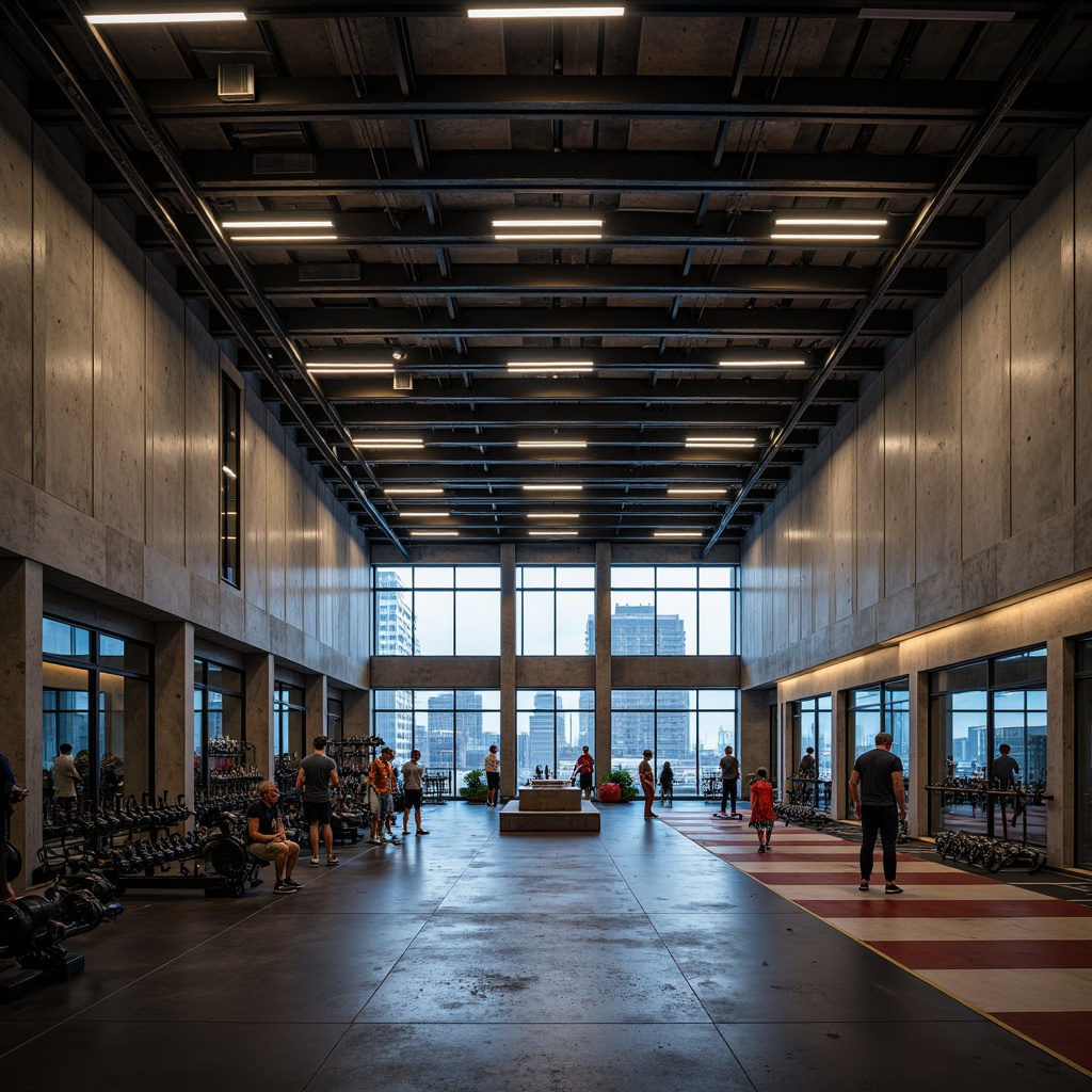 Prompt: Harsh industrial fitness club, exposed concrete walls, raw steel beams, minimal decor, functional lighting, high-ceilinged open spaces, brutalist architecture, dramatic shadows, intense workout areas, heavy metal equipment, bold color schemes, neon accents, urban cityscape views, gritty textures, realistic reflections, high-contrast lighting, strong directional light sources, 1-point perspective composition, cinematic atmosphere, moody ambient occlusion.