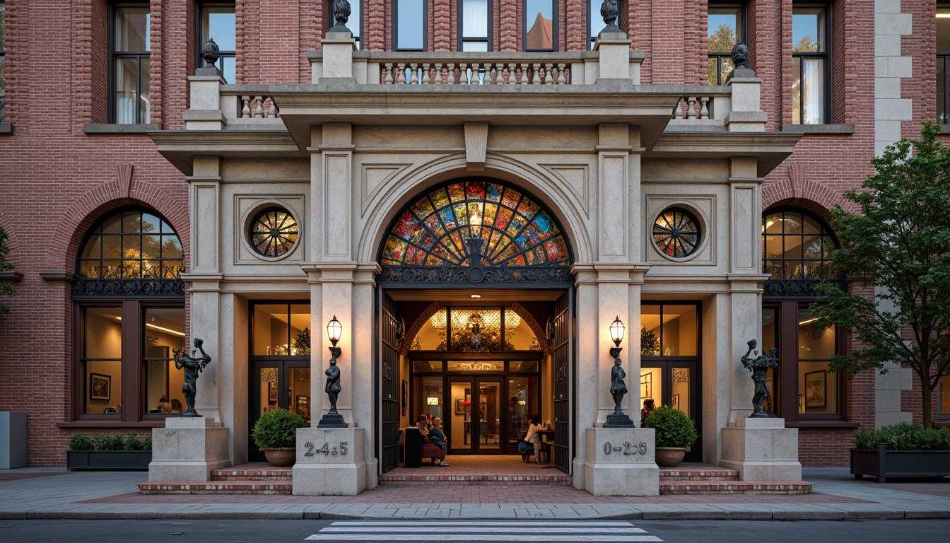 Prompt: Grand courthouse entrance, ornate stone carvings, intricately patterned metalwork, stained glass windows, majestic clock tower, richly textured brick facade, eclectic mix of architectural styles, symmetrical composition, vibrant colorful accents, warm golden lighting, subtle shading, realistic textures, ambient occlusion.