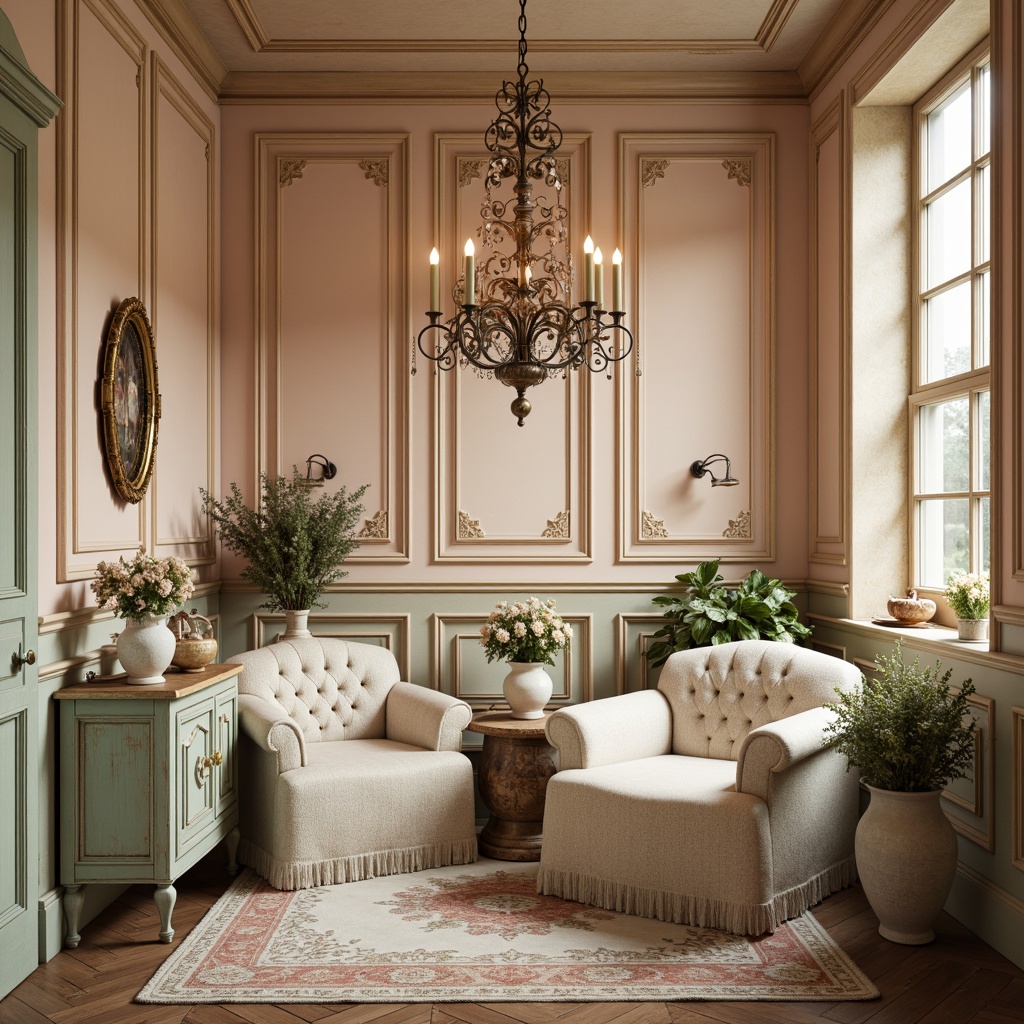 Prompt: Soft peach tones, distressed wood accents, vintage lace textures, muted pastel hues, creamy whites, worn brick reds, faded florals, gentle mint greens, rustic metal patinas, warm beige backgrounds, subtle gold leaf details, ornate furniture carvings, delicate porcelain patterns, romantic candlelit ambiance, dreamy soft focus, 1/2 composition, natural warm lighting, filmic grain texture.