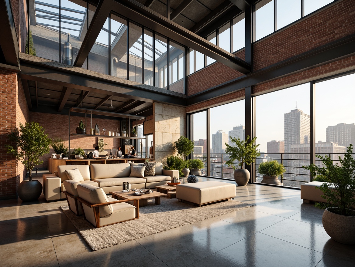 Prompt: Industrial-chic loft, exposed brick walls, large windows, clerestory rooflights, skylights, minimalist decor, open floor plan, polished concrete floors, steel beams, urban skyline views, warm sunny day, soft diffused lighting, shallow depth of field, 1/1 composition, realistic textures, ambient occlusion.