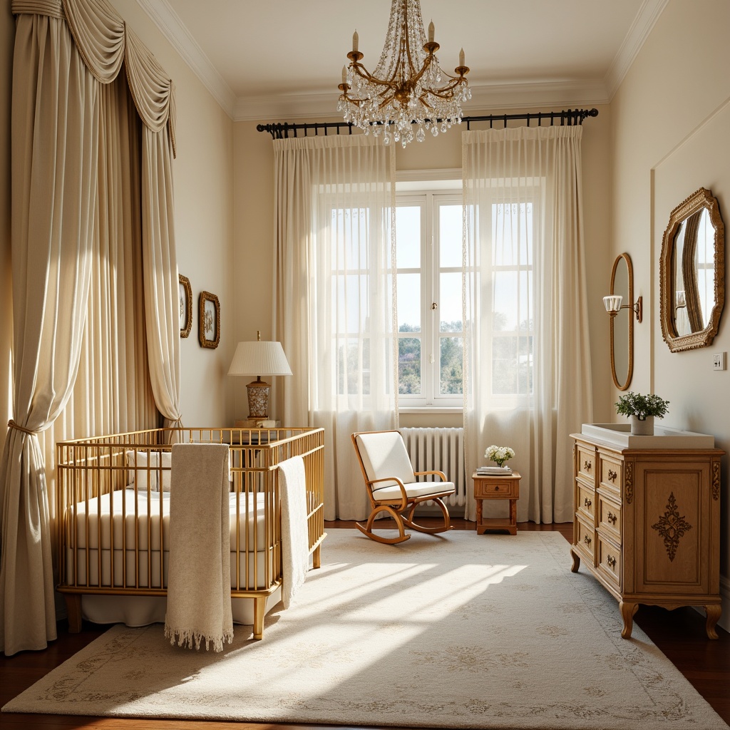 Prompt: Elegant baby nursery, soft cream walls, ornate golden crib, plush velvet drapes, antique wooden changing table, intricately carved rocking chair, luxurious silk fabrics, delicate lace curtains, ornamental mirror frames, refined crystal chandelier, subtle warm lighting, shallow depth of field, 1/1 composition, symmetrical arrangement, realistic textures, ambient occlusion.