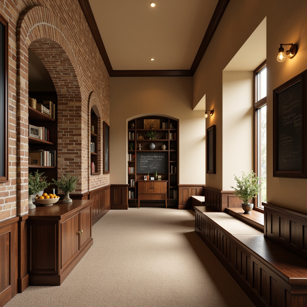 Prompt: Warm beige walls, traditional brick facade, rustic stone accents, ornate wooden paneling, rich wood tones, classic chalkboard details, vintage-inspired lighting fixtures, comfortable carpeted floors, soft earthy color palette, cozy reading nooks, natural textures, subtle archways, elegant cornice molding, sophisticated wainscoting, warm inviting atmosphere, soft diffused lighting, shallow depth of field, 1/1 composition, realistic textures, ambient occlusion.