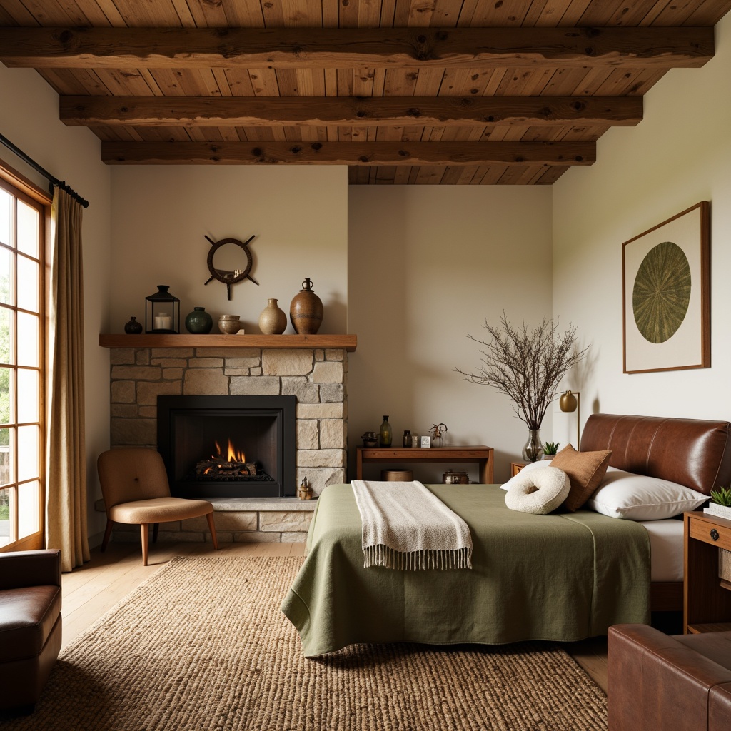 Prompt: Earthy craftsman bedroom, wooden accents, warm beige walls, rustic oak furniture, rich brown leather upholstery, soft sage green bedding, creamy white trim, natural stone fireplace, woven jute rugs, vintage metal lanterns, warm ambient lighting, shallow depth of field, 1/1 composition, realistic textures, ambient occlusion.