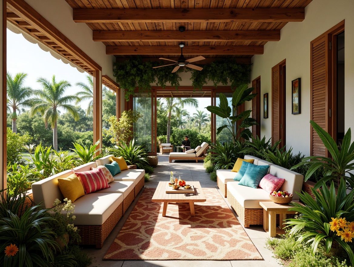 Prompt: Vibrant tropical interior, lush greenery, exotic flowers, warm wood accents, rattan furniture, colorful textiles, natural fibers, woven baskets, coral-inspired hues, turquoise blues, sunny yellows, soft pinks, creamy whites, bright citrus oranges, bold jungle greens, warm beige tones, coastal ambiance, airy open spaces, large windows, sliding glass doors, organic shapes, natural materials, earthy undertones, soft diffused lighting, shallow depth of field, 1/1 composition.