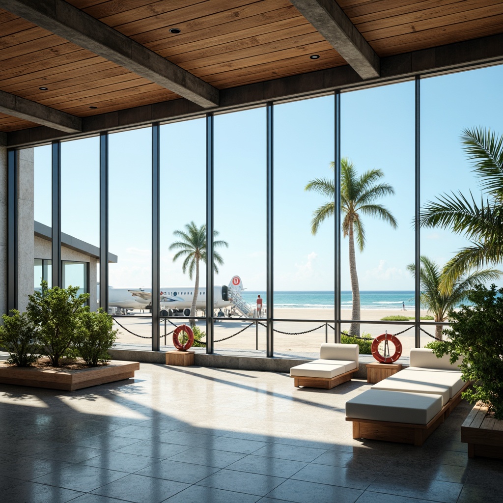 Prompt: Coastal airport terminal, modern minimalist design, large windows, ocean views, natural light, airy atmosphere, sleek steel frames, wooden accents, nautical theme, anchor symbols, ropes, life rings, wave-inspired patterns, calming blue hues, sandy beige tones, driftwood textures, sea salt scents, tropical plants, palm trees, ocean breeze, sunny day, shallow depth of field, 3/4 composition, panoramic view, realistic reflections, ambient occlusion.