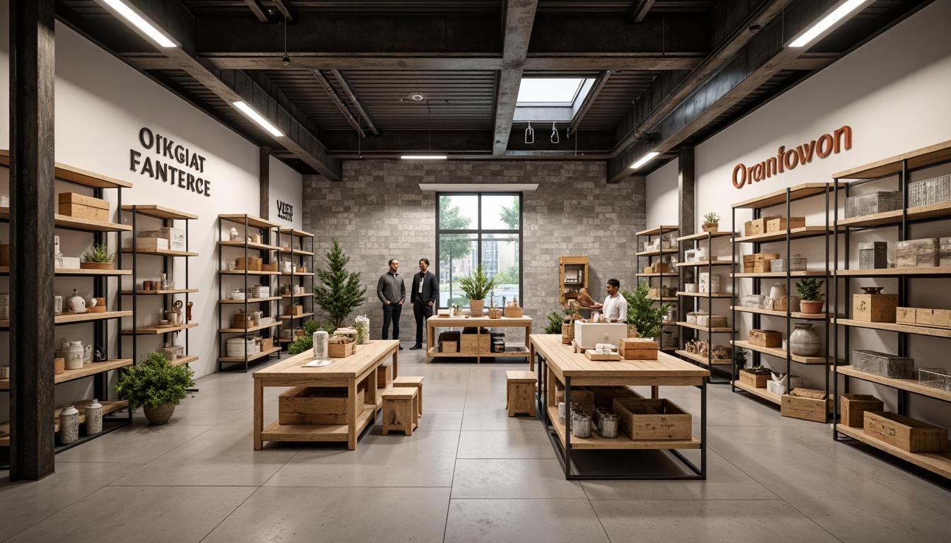 Prompt: Simple shelving units, industrial metal frames, reclaimed wood accents, neutral color palette, matte finish displays, minimalist signage, clean lines, modern typography, LED lighting, open shelves, rustic wooden crates, earthy tones, natural textures, airy atmosphere, abundant natural light, 1/1 composition, shallow depth of field, realistic reflections, subtle ambient occlusion.